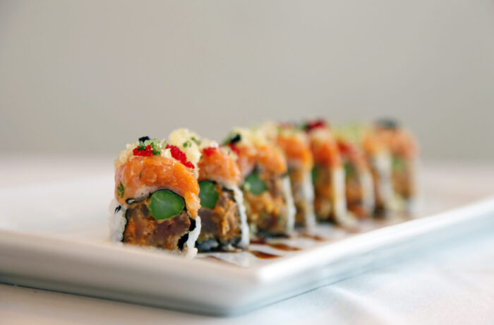 Featured Roll: RICO ROLL <br>topped with spicy tuna and caviar